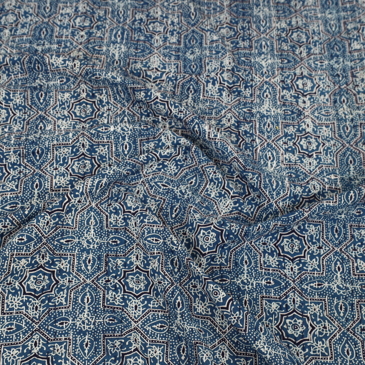 Blue - Ajrakh Print Double Tagai Kantha Bed Cover 43