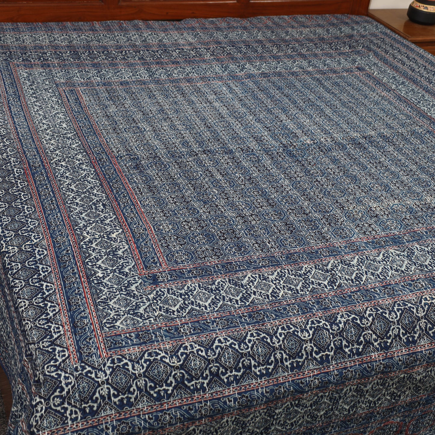 Blue - Ajrakh Print Double Tagai Kantha Bed Cover 44