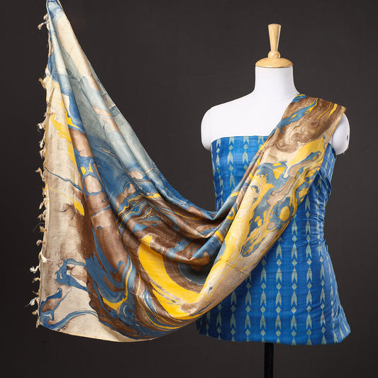Blue - 3pc Handloom Mulberry Suit Material Set with Banana Silk Marble Printed Dupatta