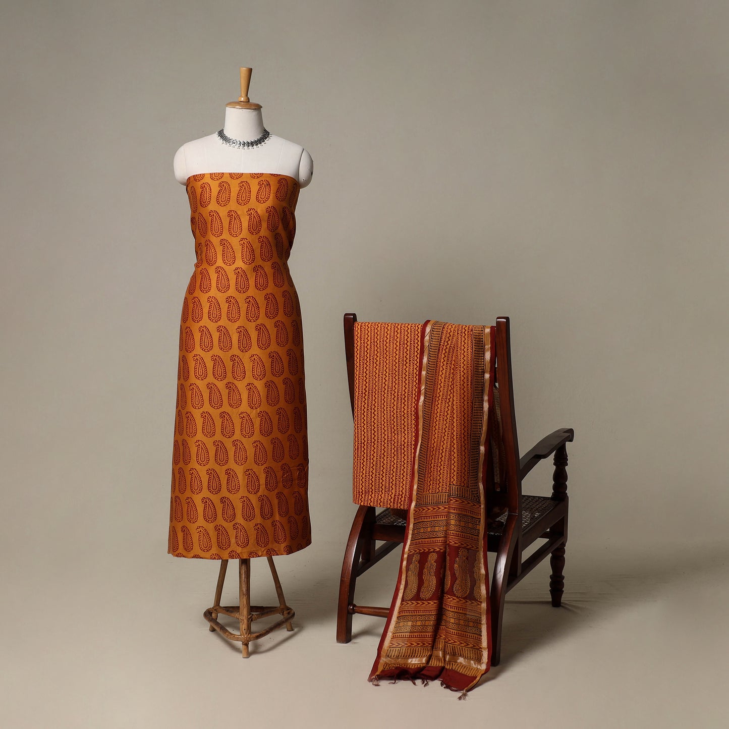 Bagh Hand Block Print Natural Dyed Chanderi Silk 3pc Unstitched Dress Material Suit Set 61