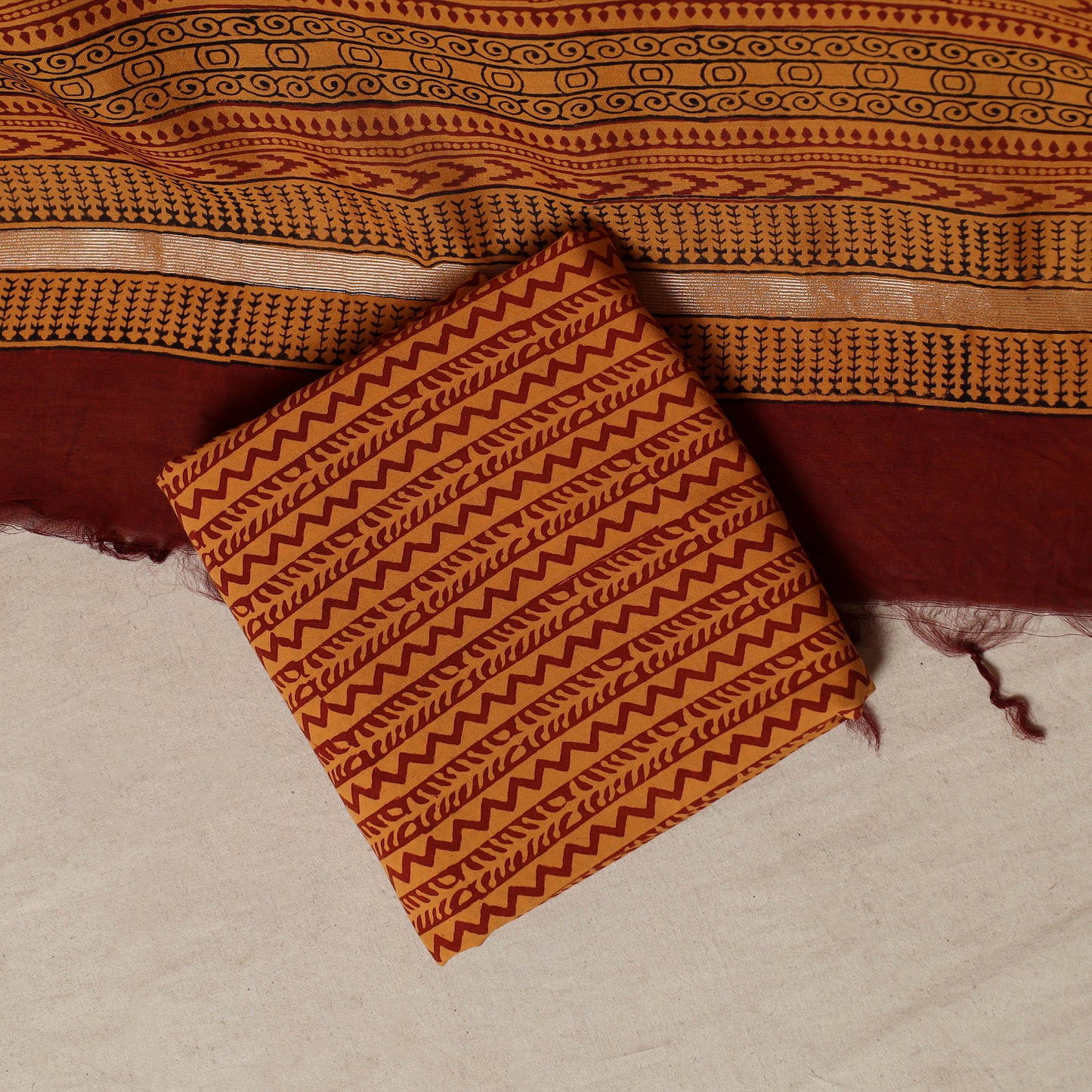 Bagh Hand Block Print Natural Dyed Chanderi Silk 3pc Unstitched Dress Material Suit Set 61