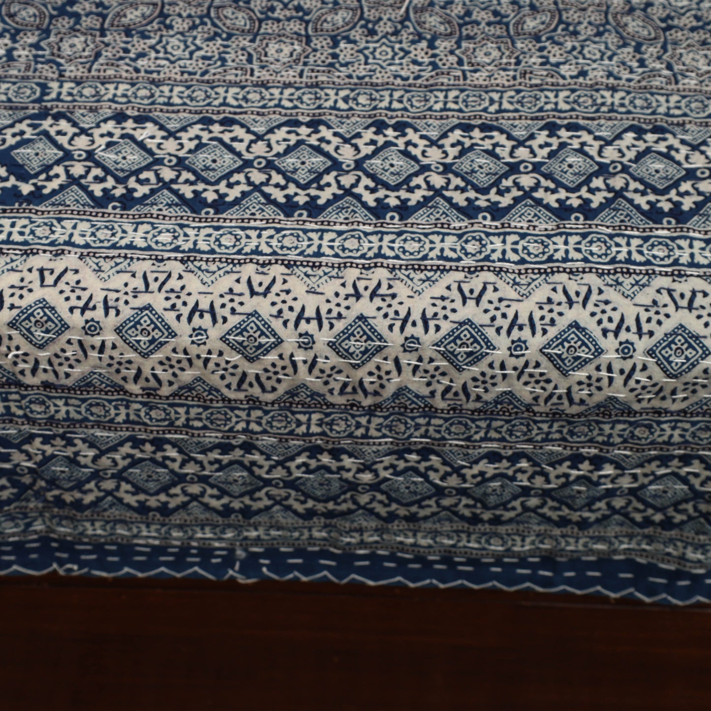 Blue - Ajrakh Print Double Tagai Kantha Bed Cover 45