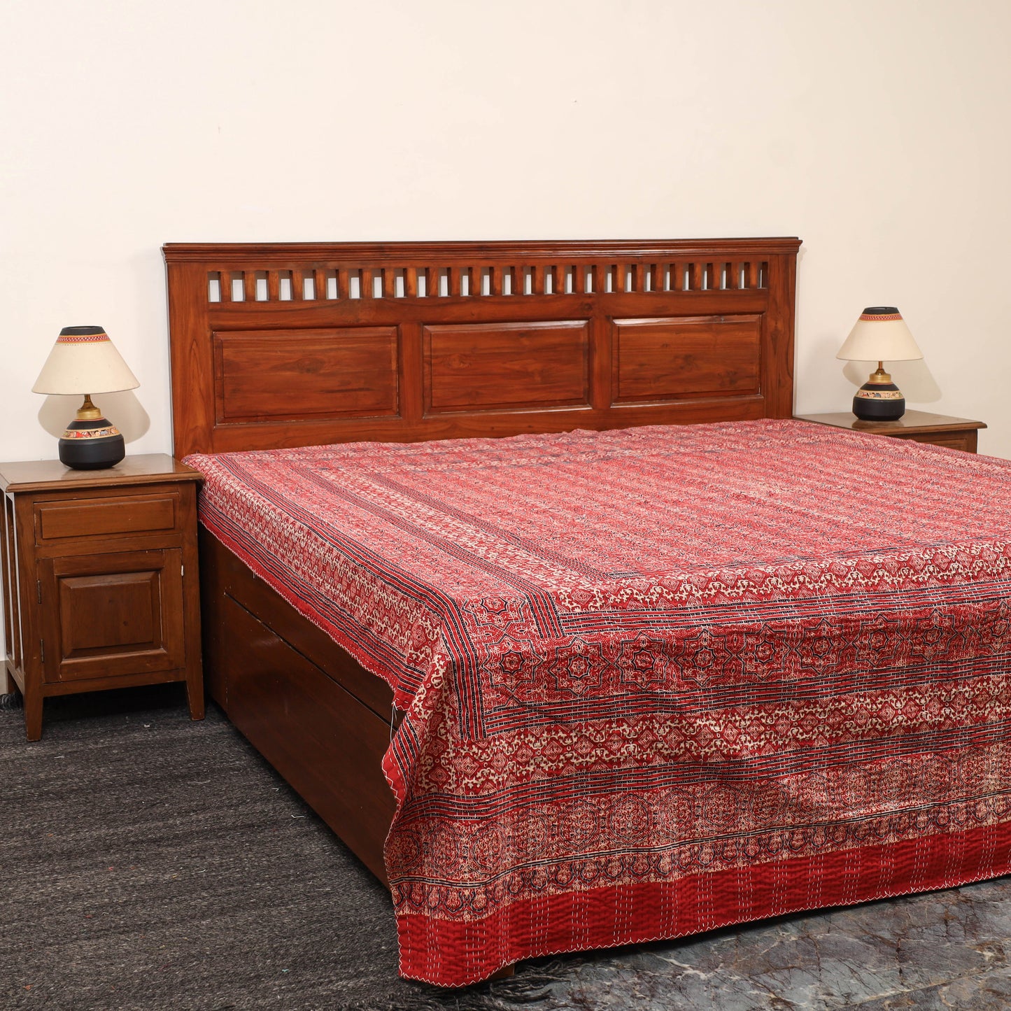 Red - Ajrakh Print Double Tagai Kantha Bed Cover 46