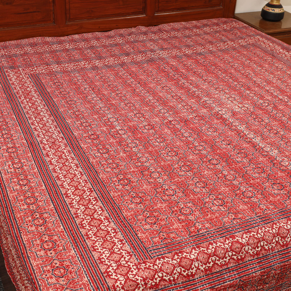 Red - Ajrakh Print Double Tagai Kantha Bed Cover 46