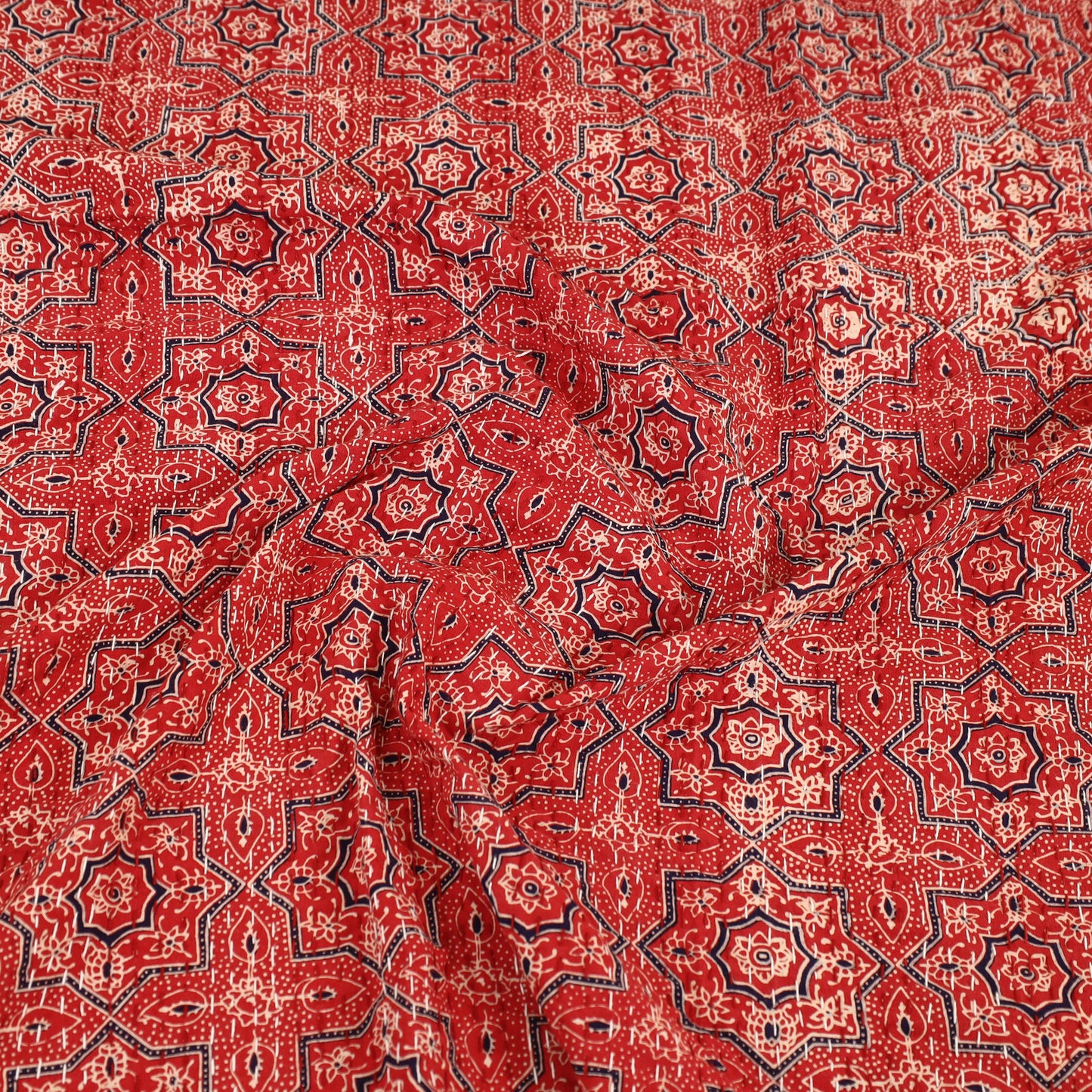 Red - Ajrakh Print Double Tagai Kantha Bed Cover 46