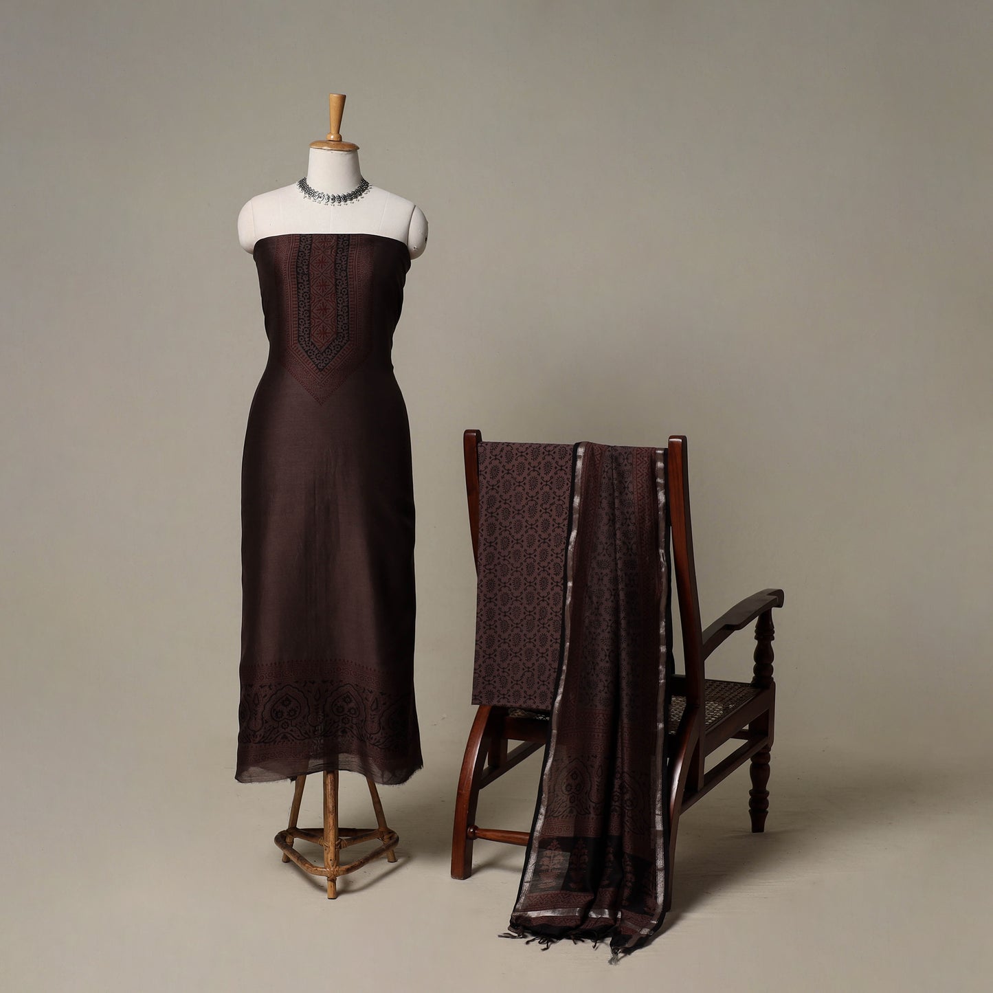 Bagh Hand Block Print Natural Dyed Chanderi Silk 3pc Unstitched Dress Material Suit Set 62