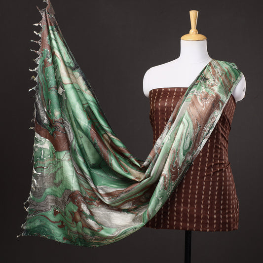 Brown - 3pc Handloom Mulberry Suit Material Set with Banana Silk Marble Printed Dupatta