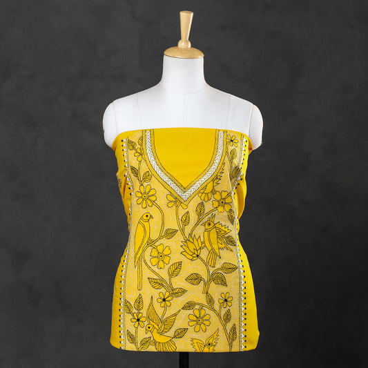 Yellow - Bengal Kantha Hand Embroidery Pure Cotton Kurta Material - 2.65 Meter