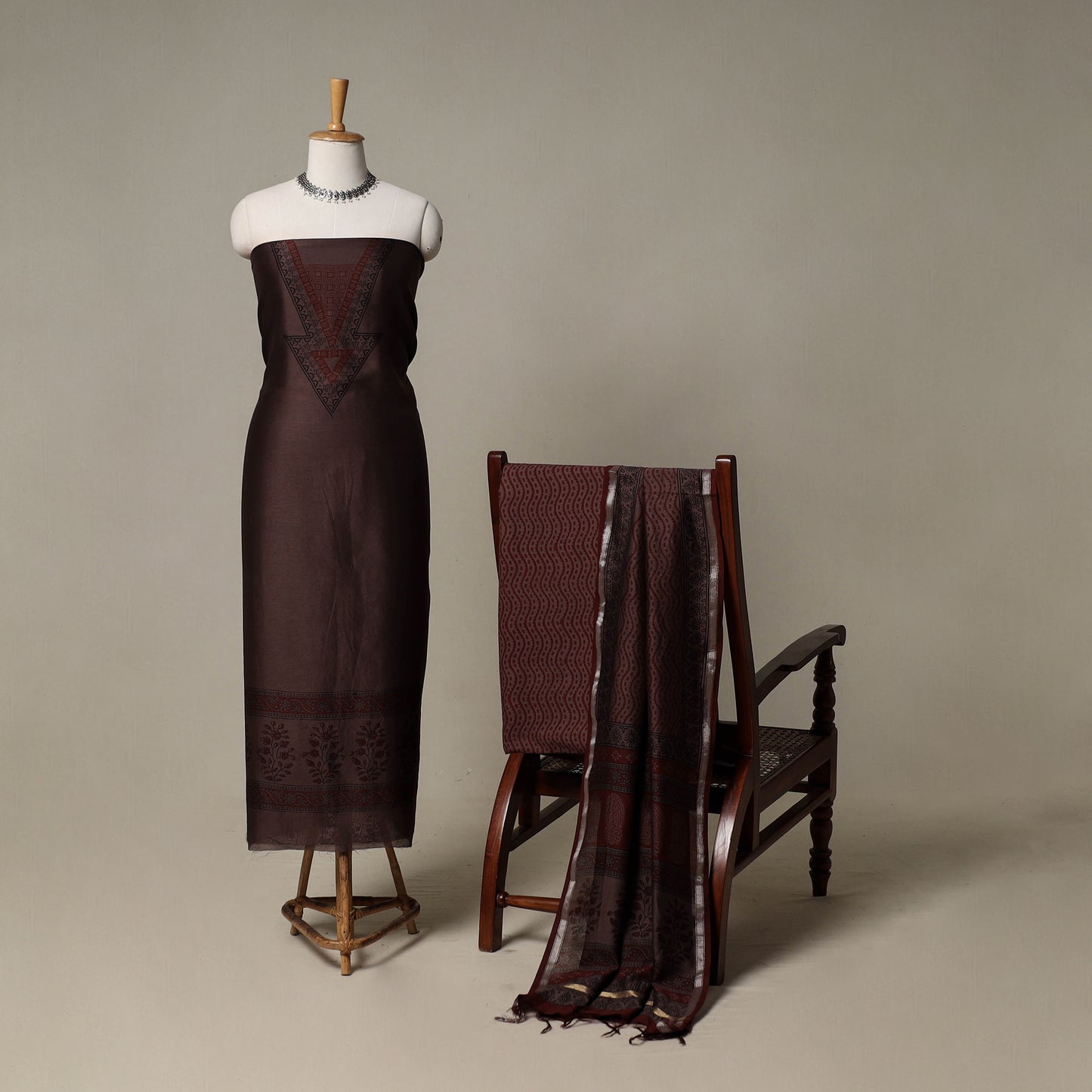 Bagh Hand Block Print Natural Dyed Chanderi Silk 3pc Unstitched Dress Material Suit Set 63