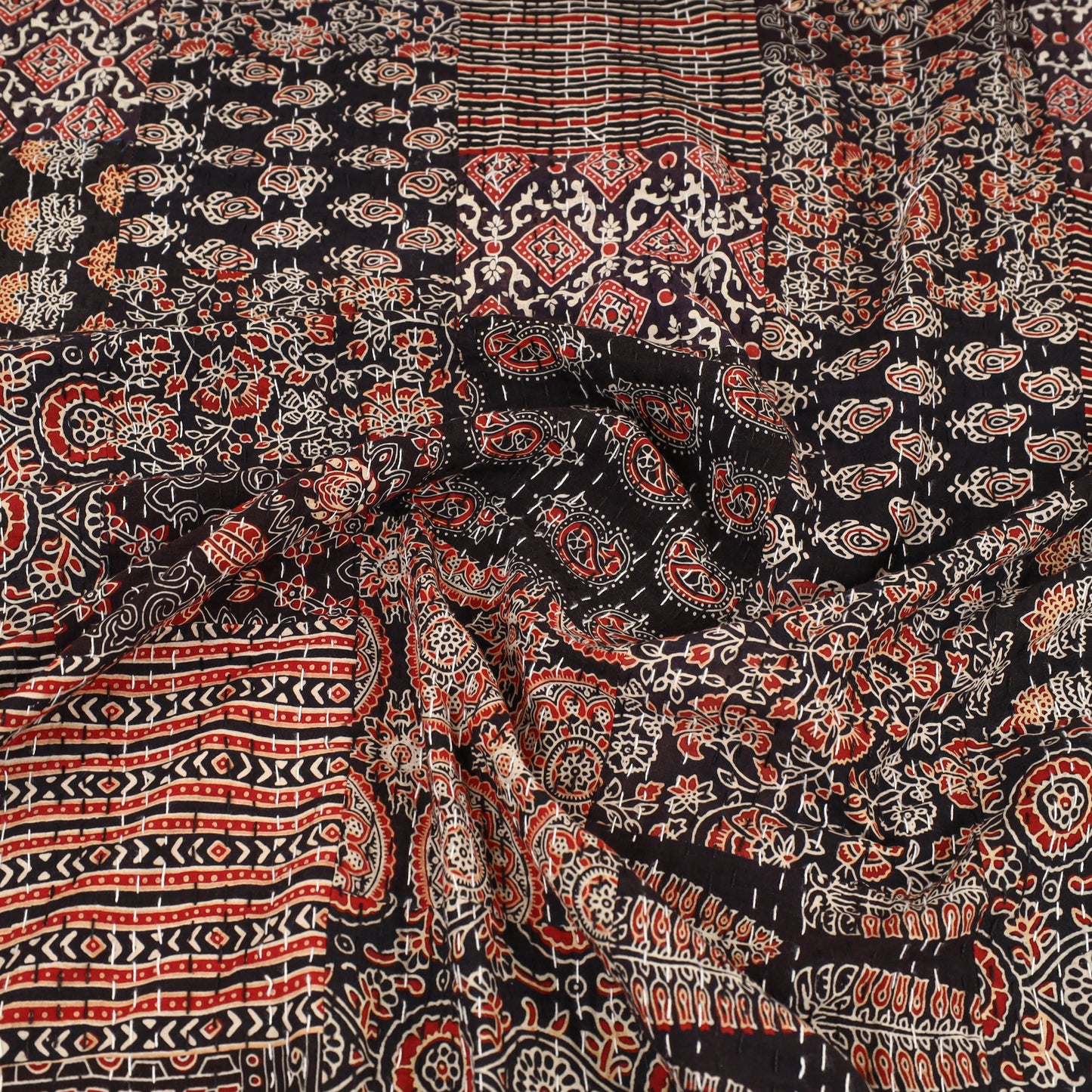 Brown - Ajrakh Print Patchwork Double Tagai Kantha Bed Cover 48