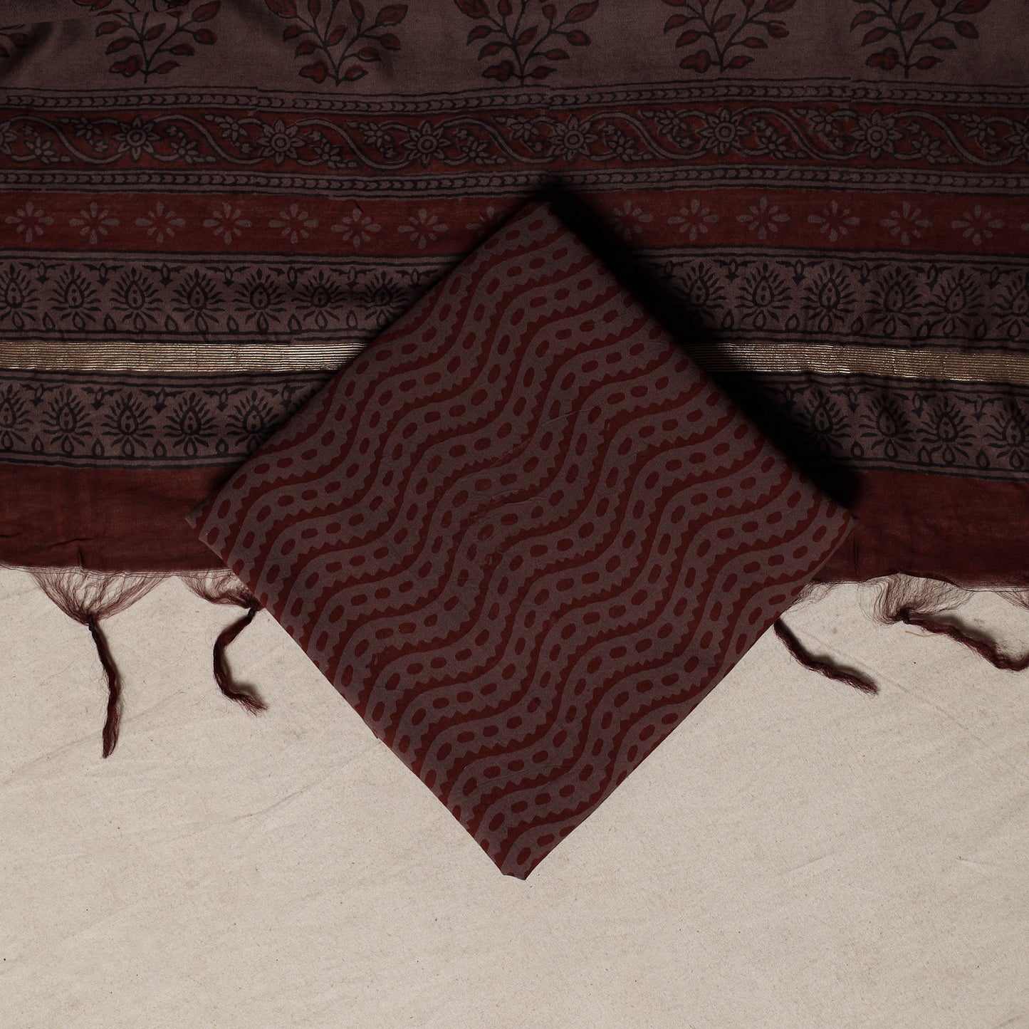 Bagh Hand Block Print Natural Dyed Chanderi Silk 3pc Unstitched Dress Material Suit Set 63