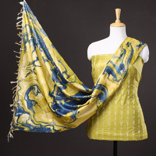 Yellow - 3pc Handloom Mulberry Suit Material Set with Banana Silk Marble Printed Dupatta
