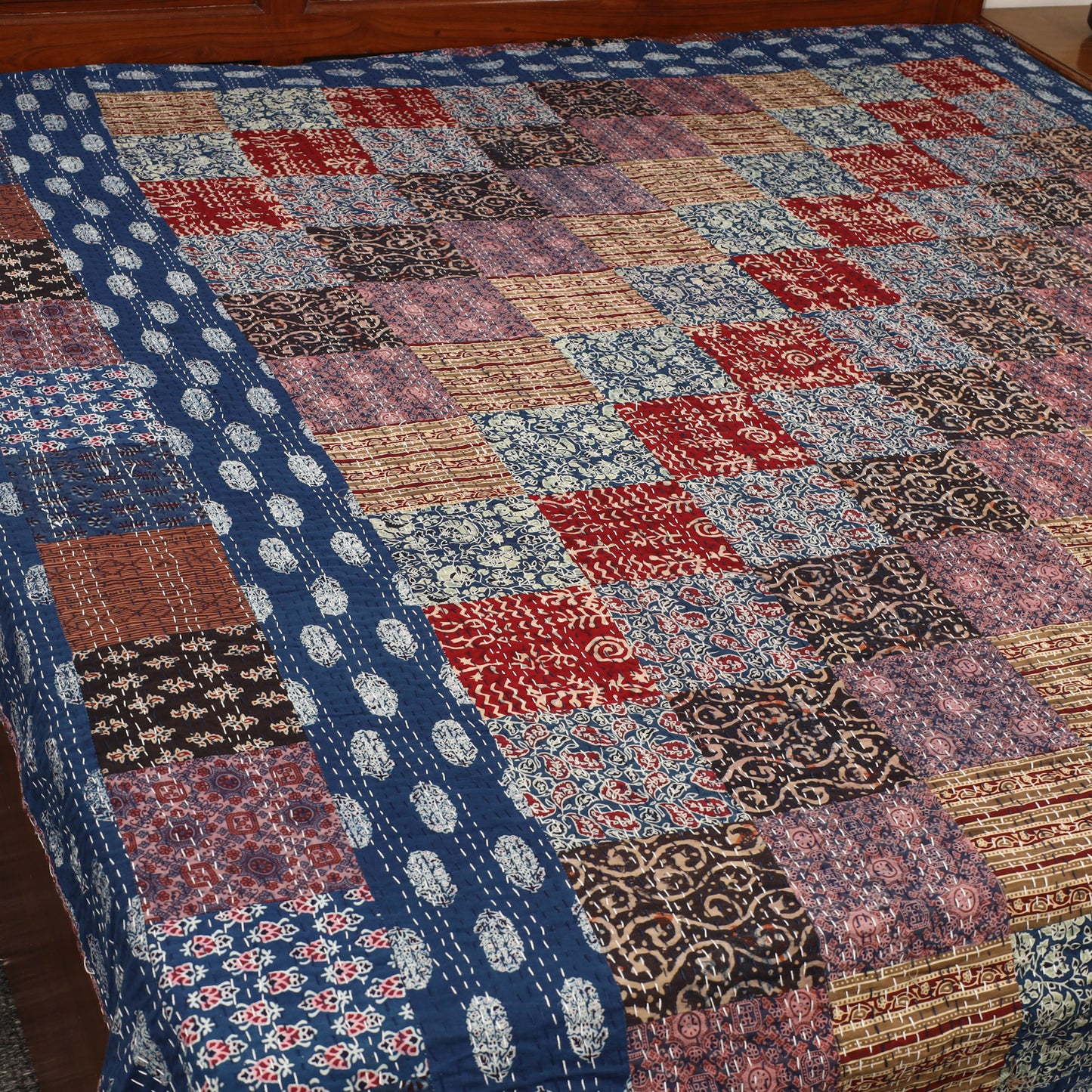 Multicolor - Ajrakh Print Patchwork Double Tagai Kantha Bed Cover 49