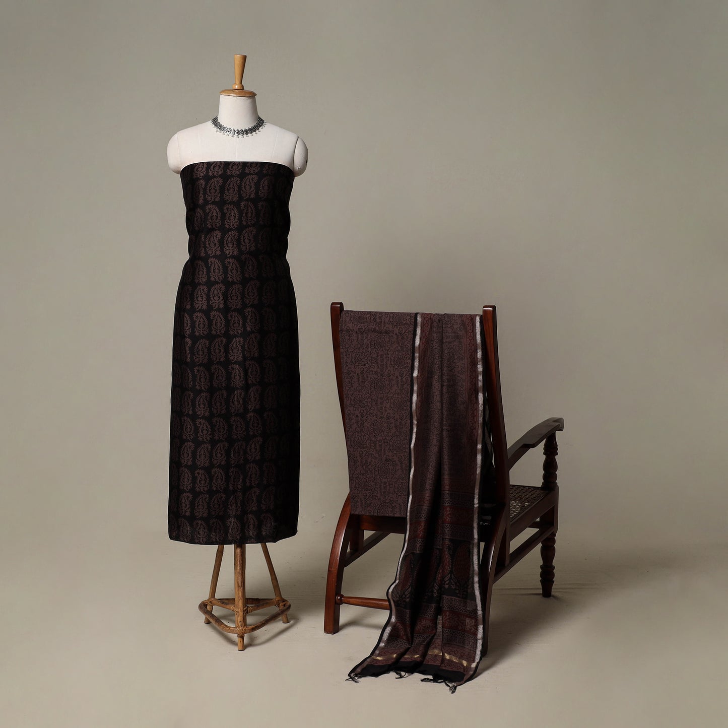 Bagh Hand Block Print Natural Dyed Chanderi Silk 3pc Unstitched Dress Material Suit Set 64
