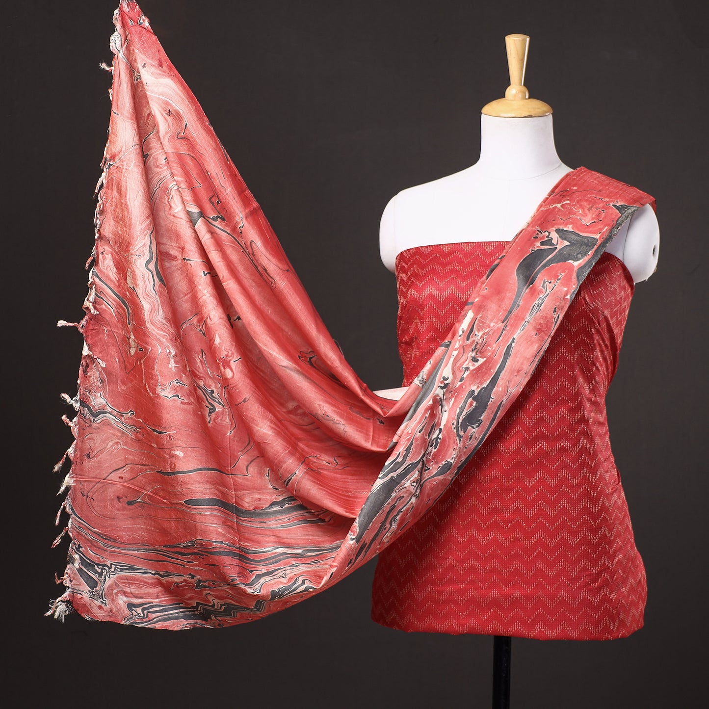 Red - 3pc Handloom Mulberry Suit Material Set with Banana Silk Marble Printed Dupatta