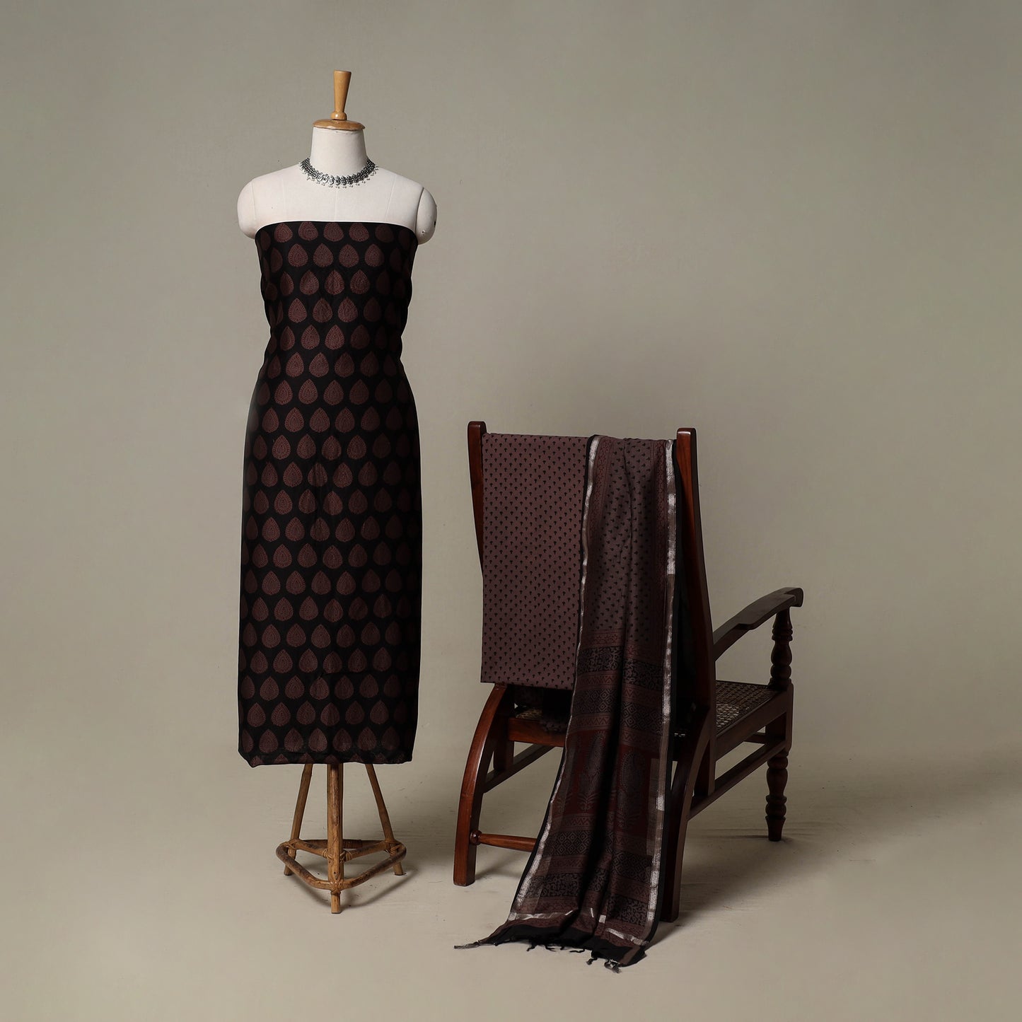 Bagh Hand Block Print Natural Dyed Chanderi Silk 3pc Unstitched Dress Material Suit Set 65