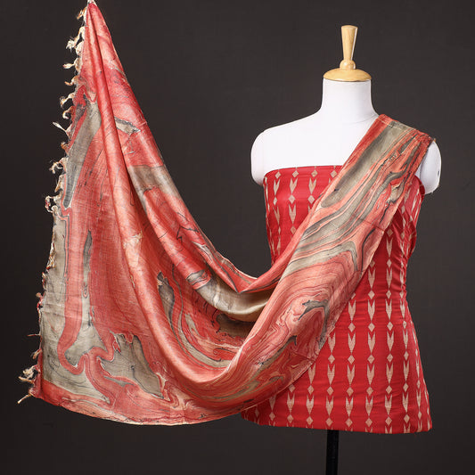 Red - 3pc Handloom Mulberry Suit Material Set with Banana Silk Marble Printed Dupatta