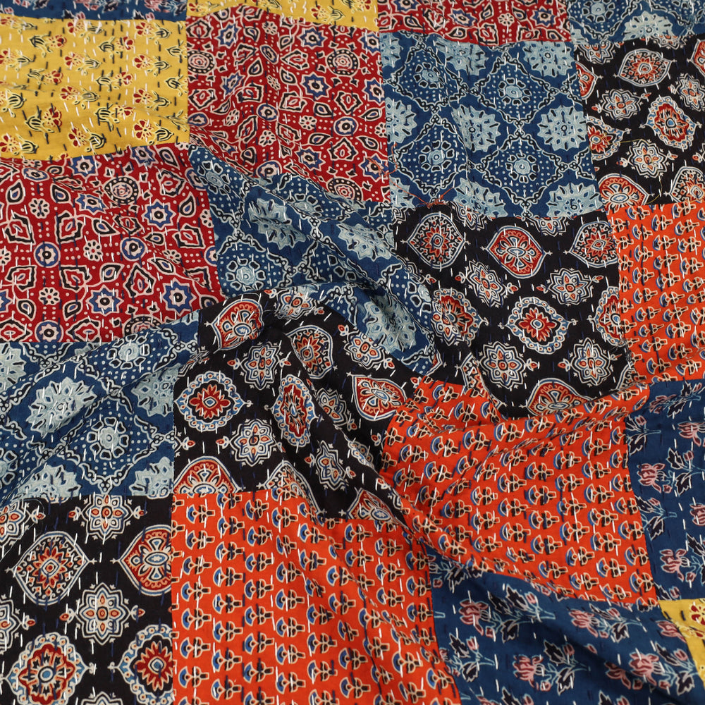 Multicolor - Ajrakh Print Patchwork Double Tagai Kantha Bed Cover 50