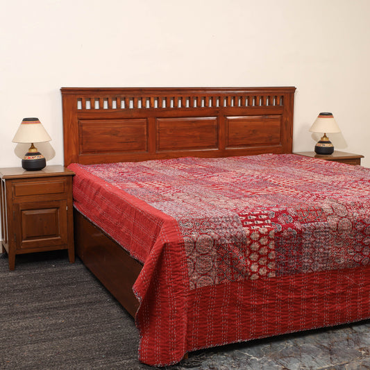 Red - Ajrakh Print Patchwork Double Tagai Kantha Bed Cover 52