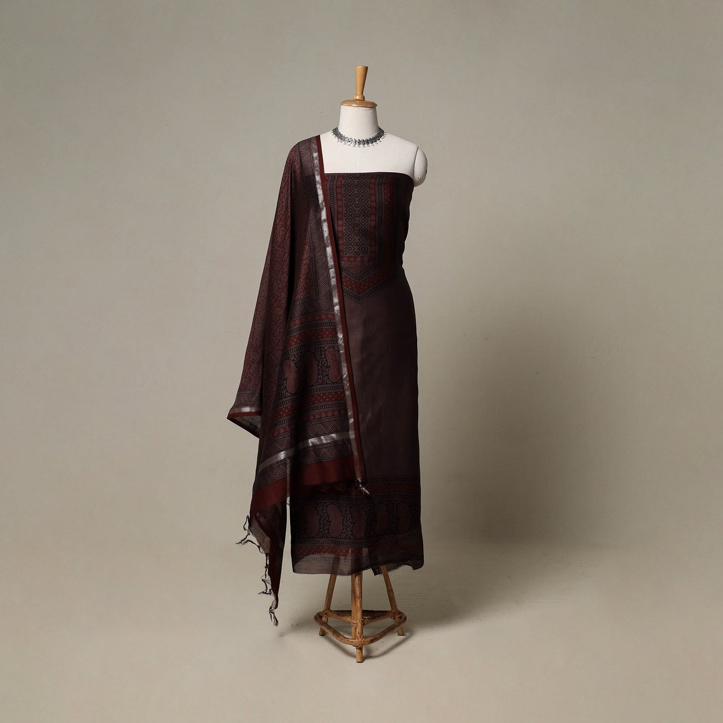 Bagh Hand Block Print Natural Dyed Chanderi Silk 3pc Unstitched Dress Material Suit Set 66