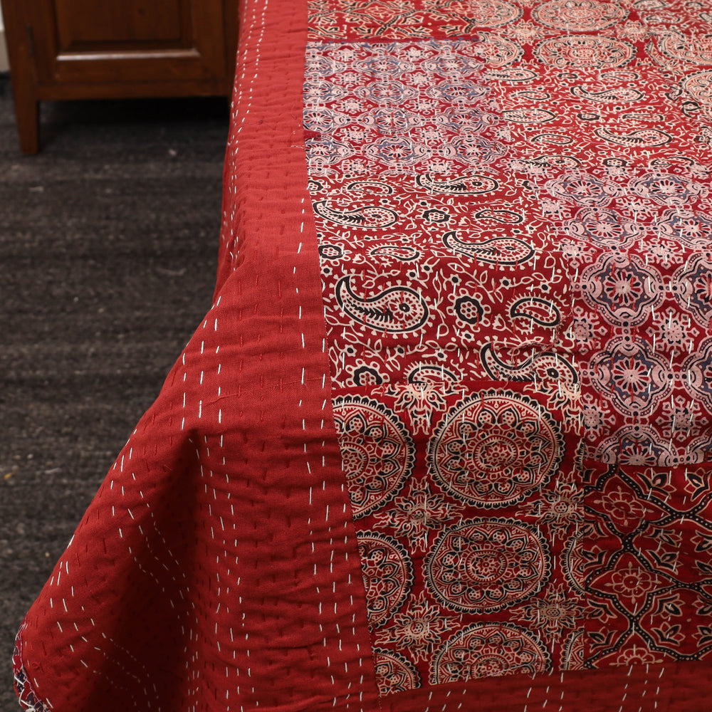 Red - Ajrakh Print Patchwork Double Tagai Kantha Bed Cover 52