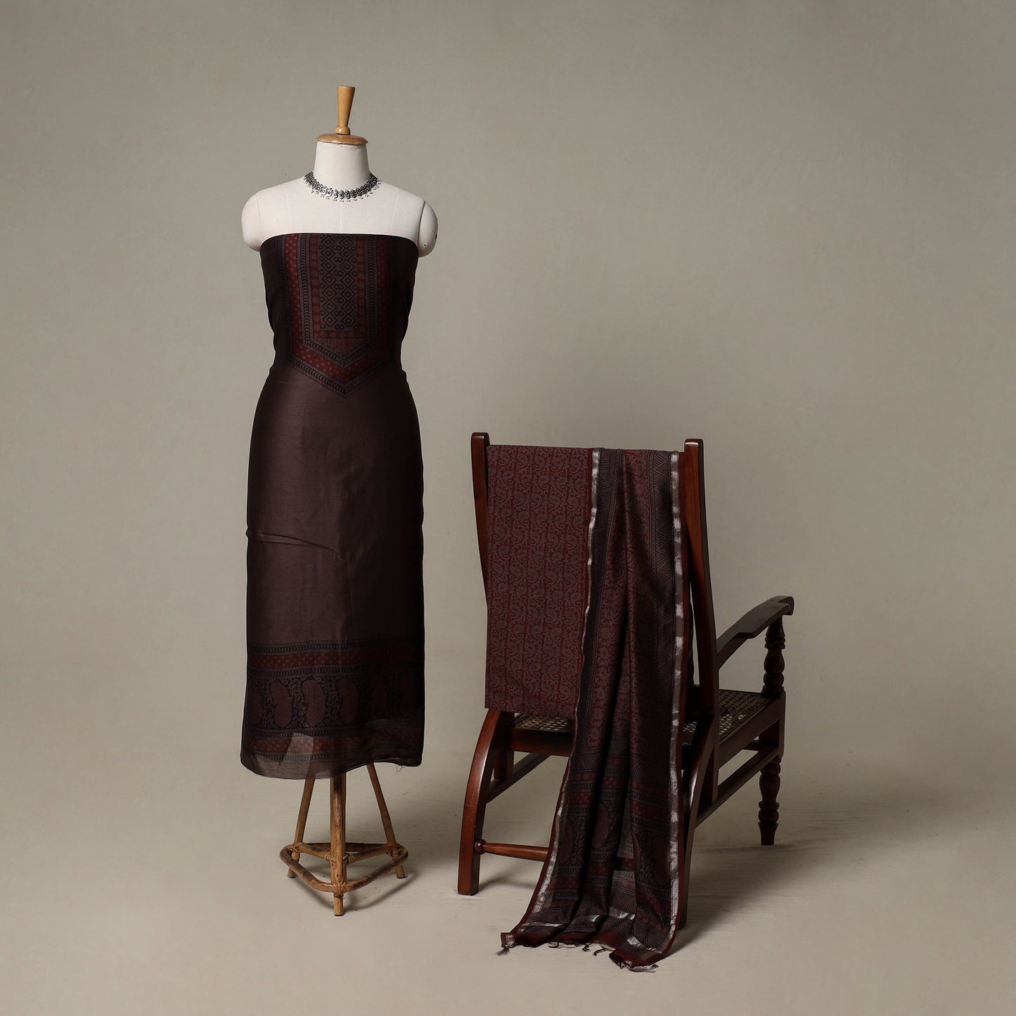 Bagh Hand Block Print Natural Dyed Chanderi Silk 3pc Unstitched Dress Material Suit Set 66
