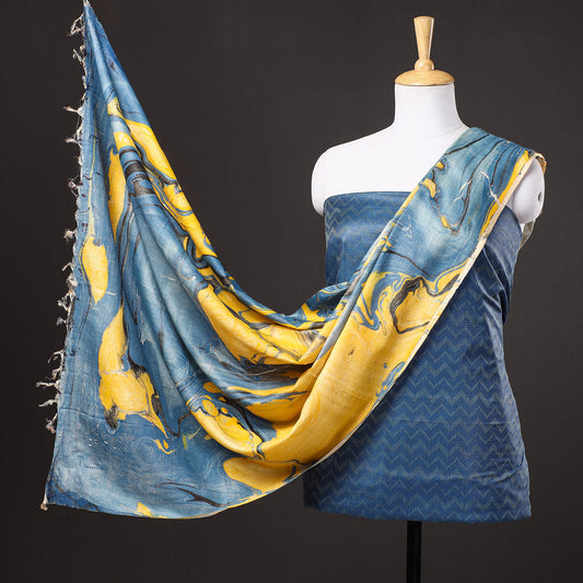 Blue - 3pc Handloom Mulberry Suit Material Set with Banana Silk Marble Printed Dupatta