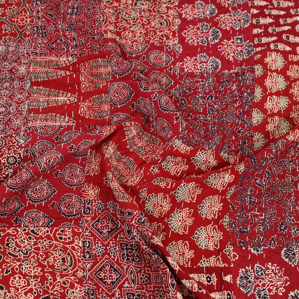 Red - Ajrakh Print Patchwork Double Tagai Kantha Bed Cover 52