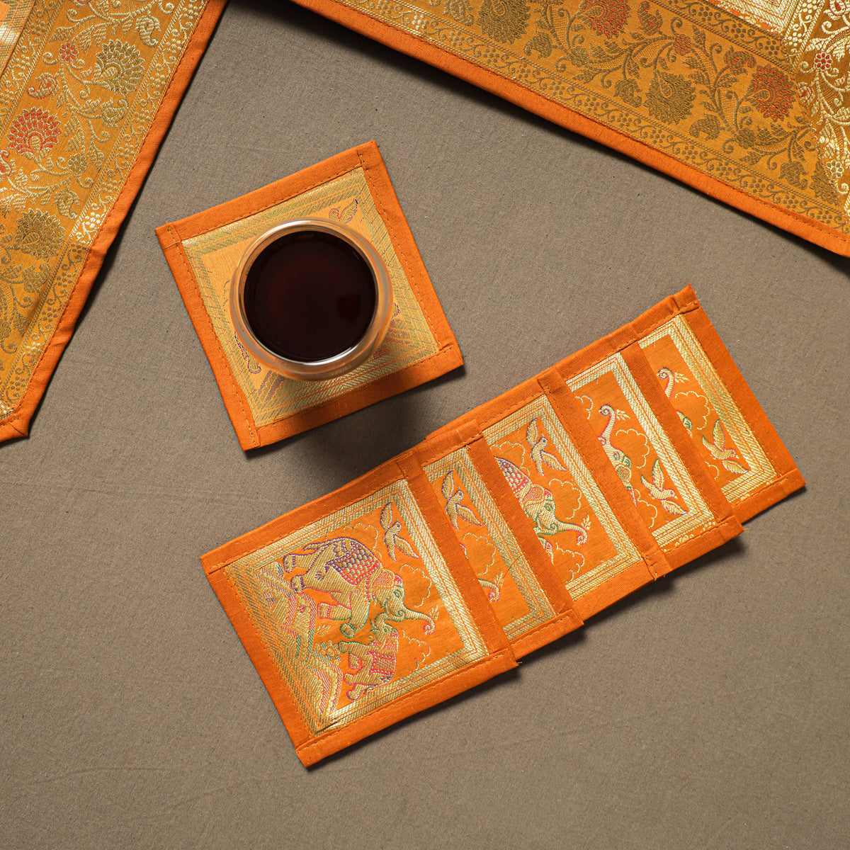 Brocade Banarasi Silk Dining Table Linen with 1 Runner, 6 mats and 6 coasters 10