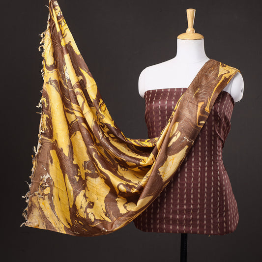 Brown - 3pc Handloom Mulberry Suit Material Set with Banana Silk Marble Printed Dupatta