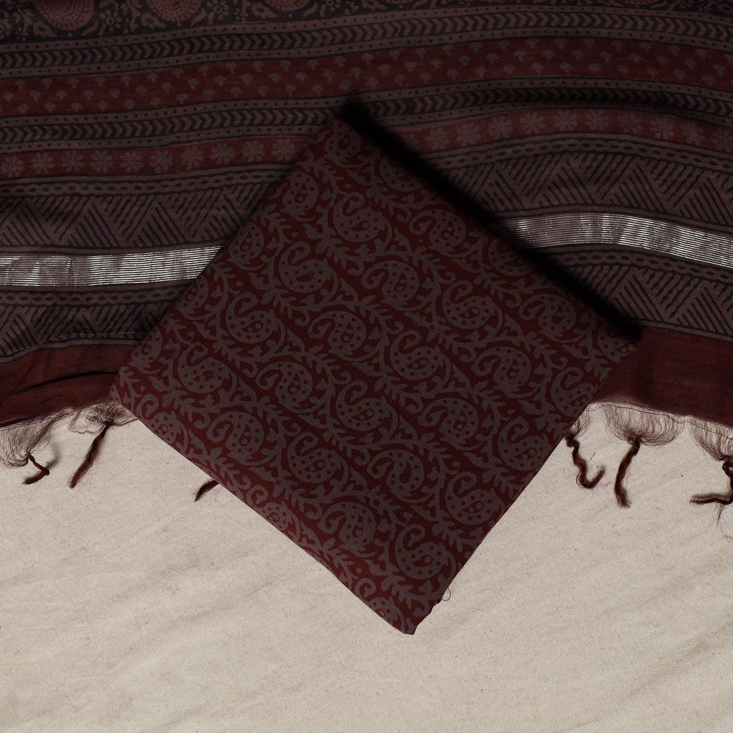 Bagh Hand Block Print Natural Dyed Chanderi Silk 3pc Unstitched Dress Material Suit Set 66