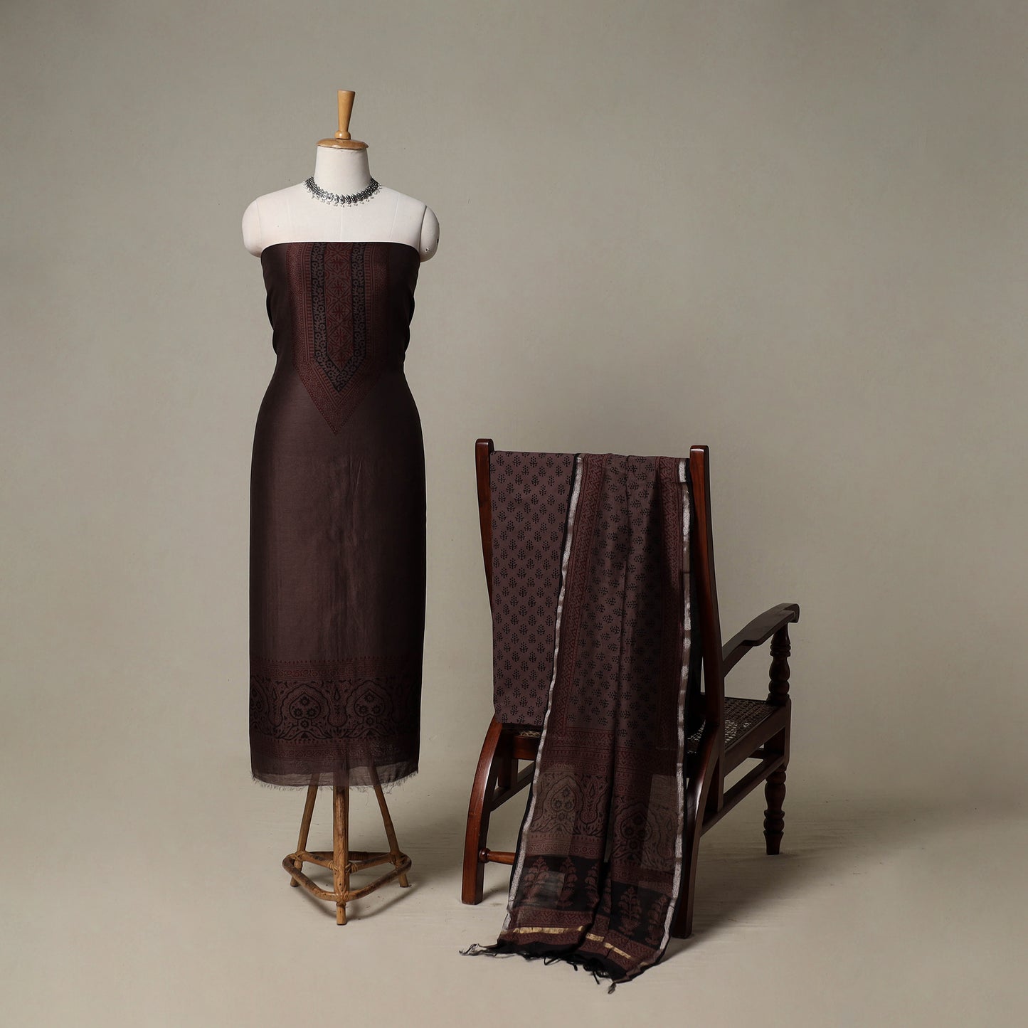Bagh Hand Block Print Natural Dyed Chanderi Silk 3pc Unstitched Dress Material Suit Set 67