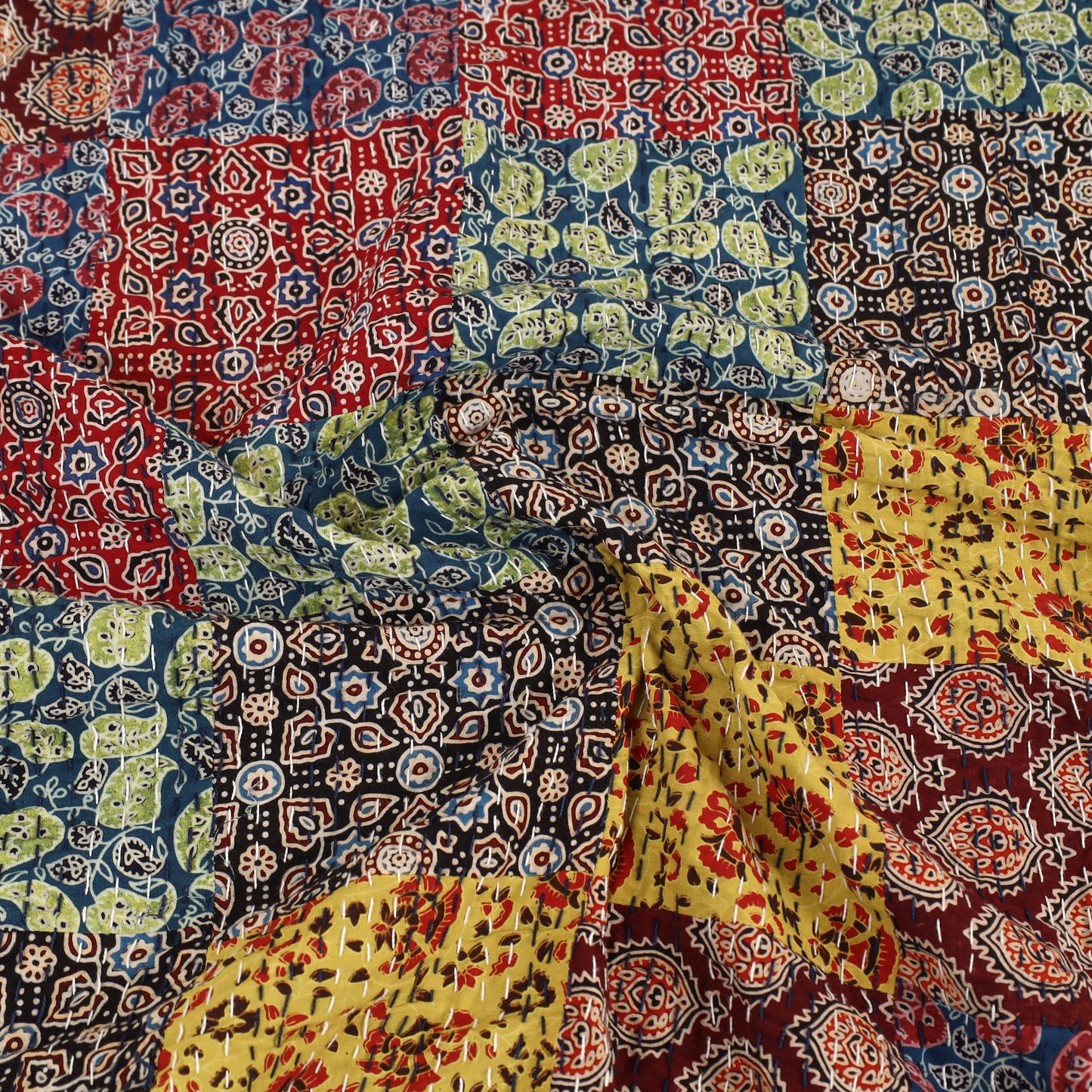 Beige - Multicolor - Ajrakh Print Patchwork Double Tagai Kantha Bed Cover 51