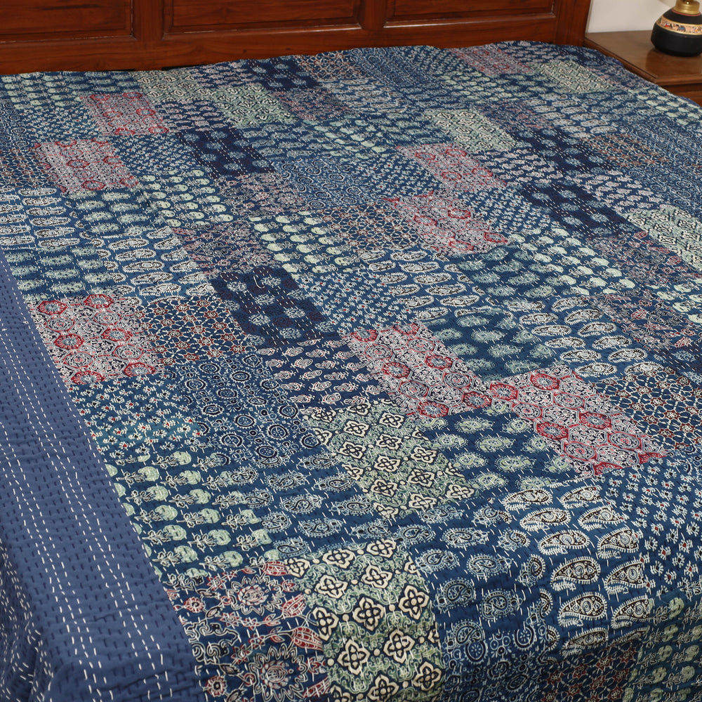 Blue - Ajrakh Print Patchwork Double Tagai Kantha Bed Cover 53