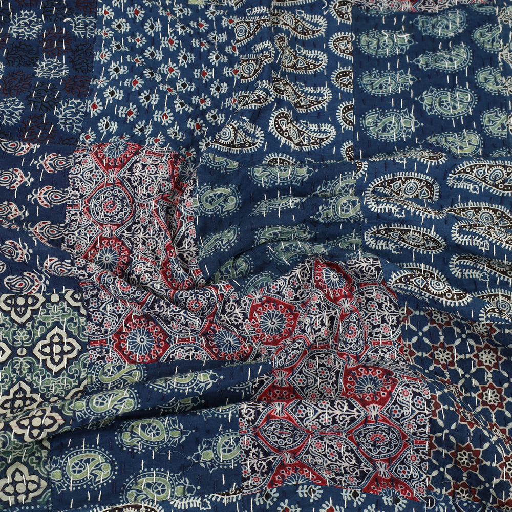 Blue - Ajrakh Print Patchwork Double Tagai Kantha Bed Cover 53