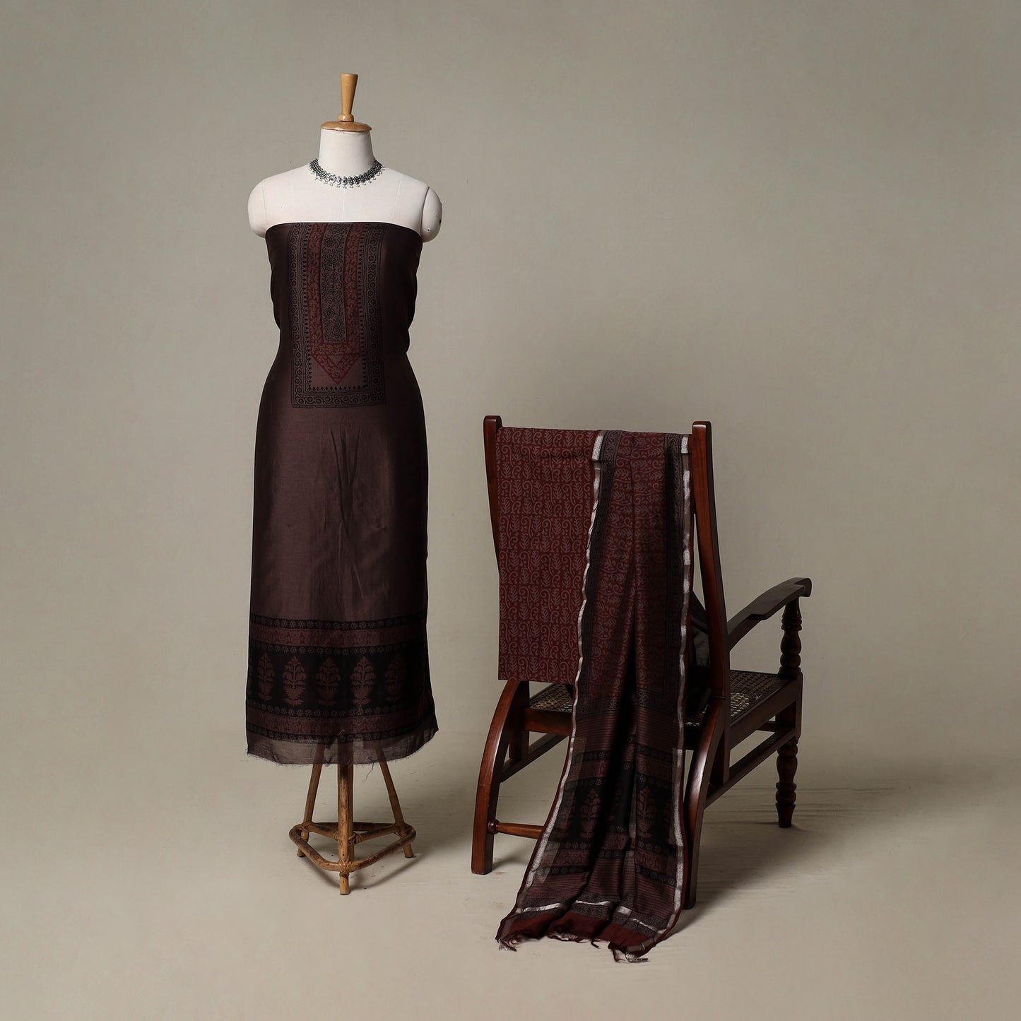 Bagh Hand Block Print Natural Dyed Chanderi Silk 3pc Unstitched Dress Material Suit Set 68