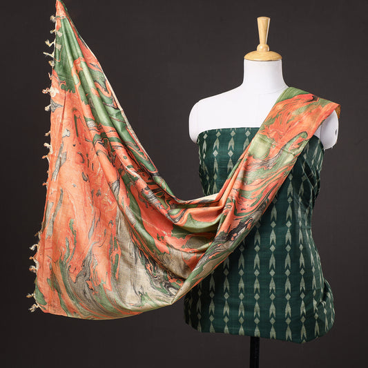 Green - 3pc Handloom Mulberry Suit Material Set with Banana Silk Marble Printed Dupatta