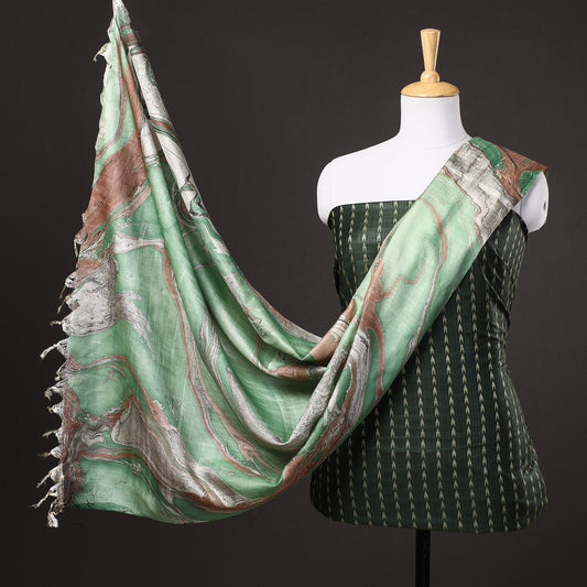 Green - 3pc Handloom Mulberry Suit Material Set with Banana Silk Marble Printed Dupatta