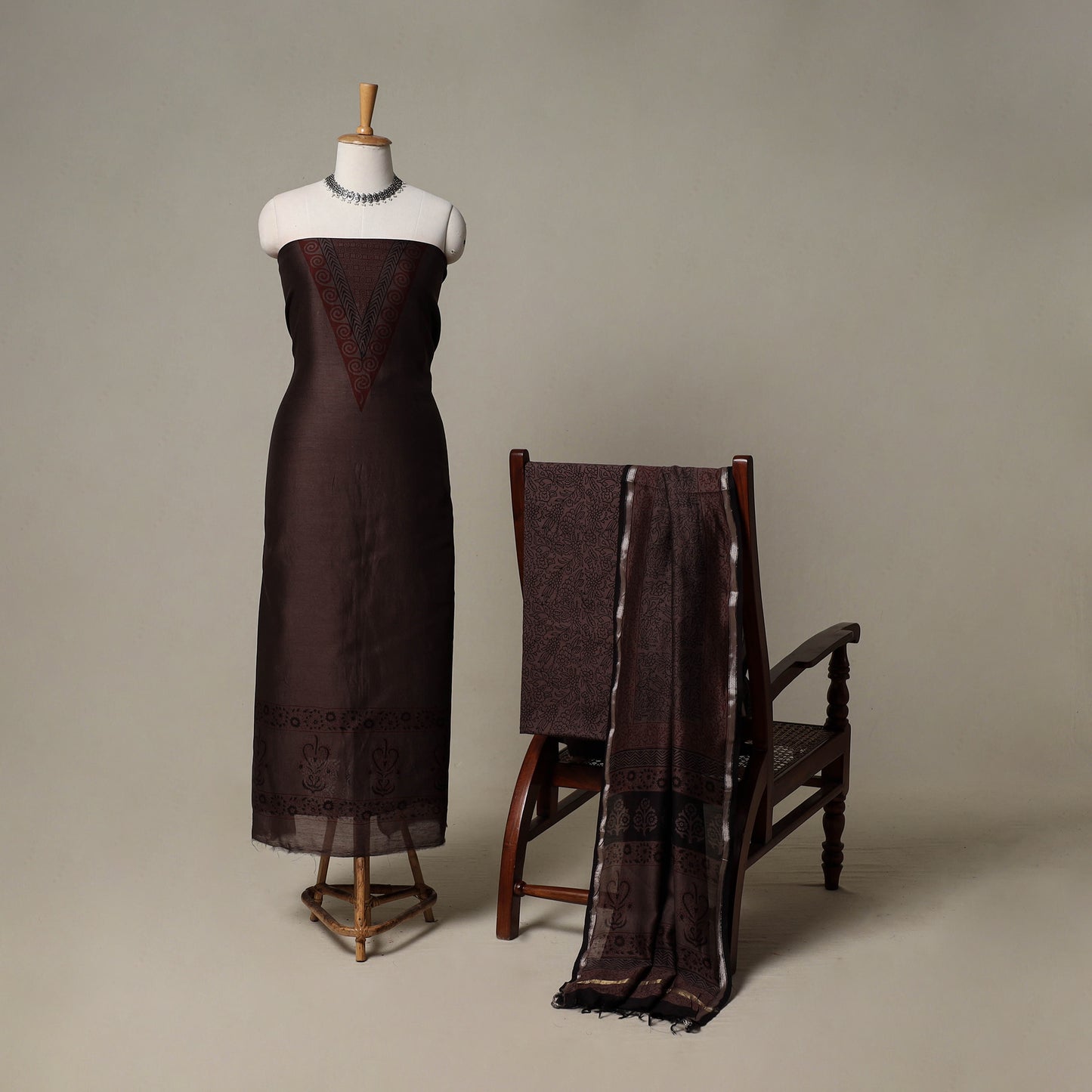 Bagh Hand Block Print Natural Dyed Chanderi Silk 3pc Unstitched Dress Material Suit Set 69