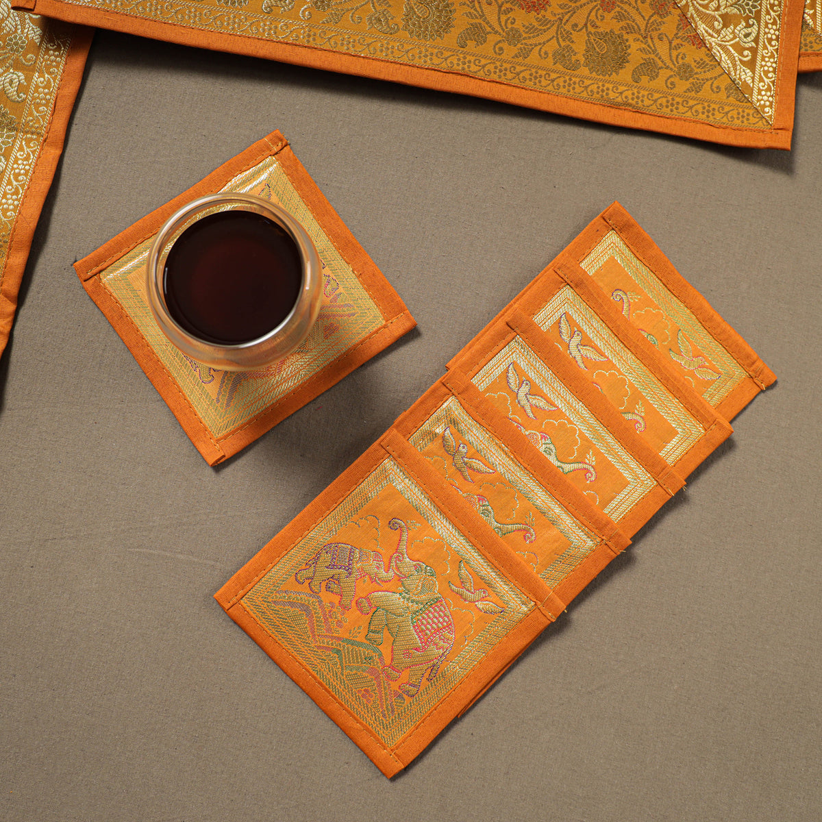 Brocade Banarasi Silk Dining Table Linen with 1 Runner, 6 mats and 6 coasters 12