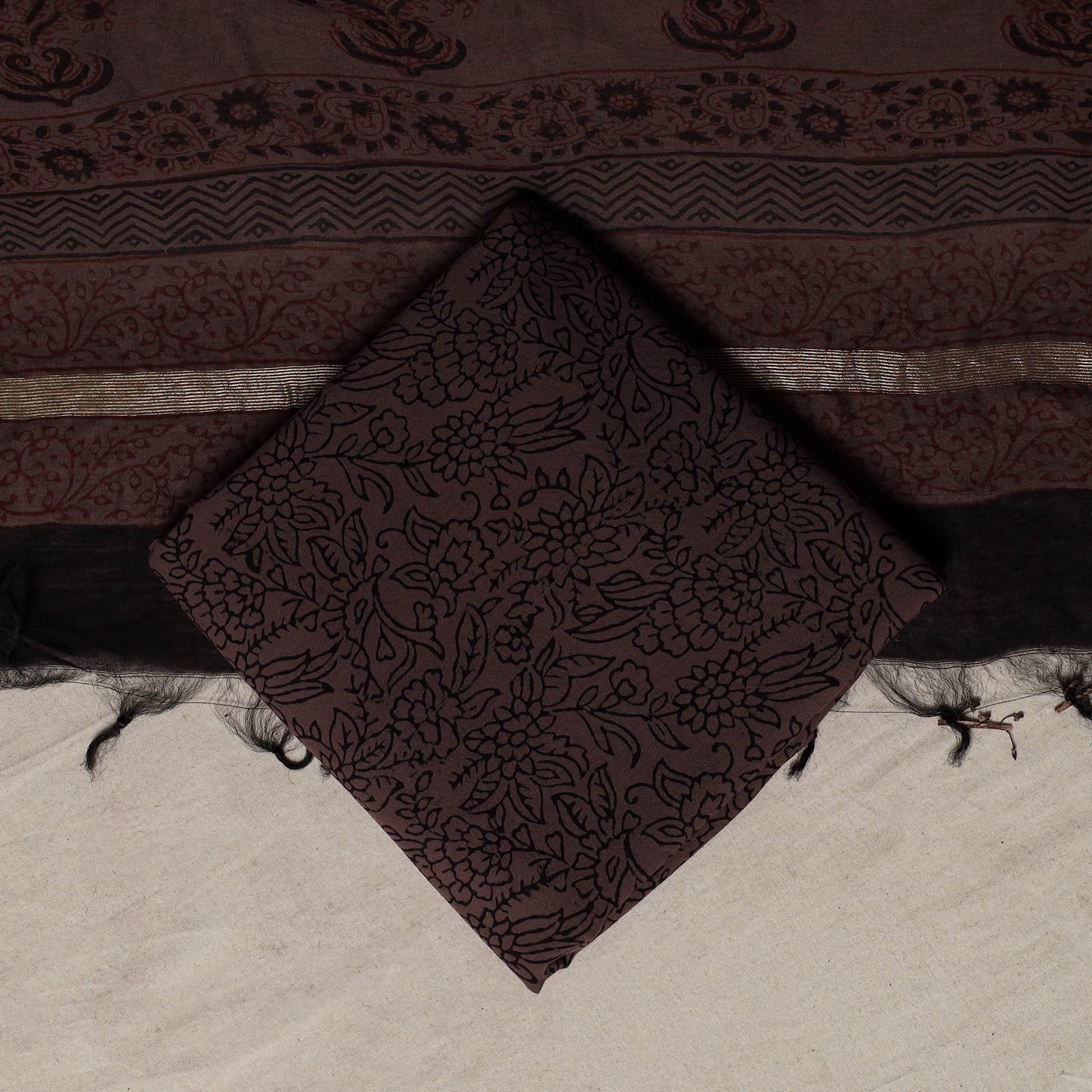 Bagh Hand Block Print Natural Dyed Chanderi Silk 3pc Unstitched Dress Material Suit Set 69