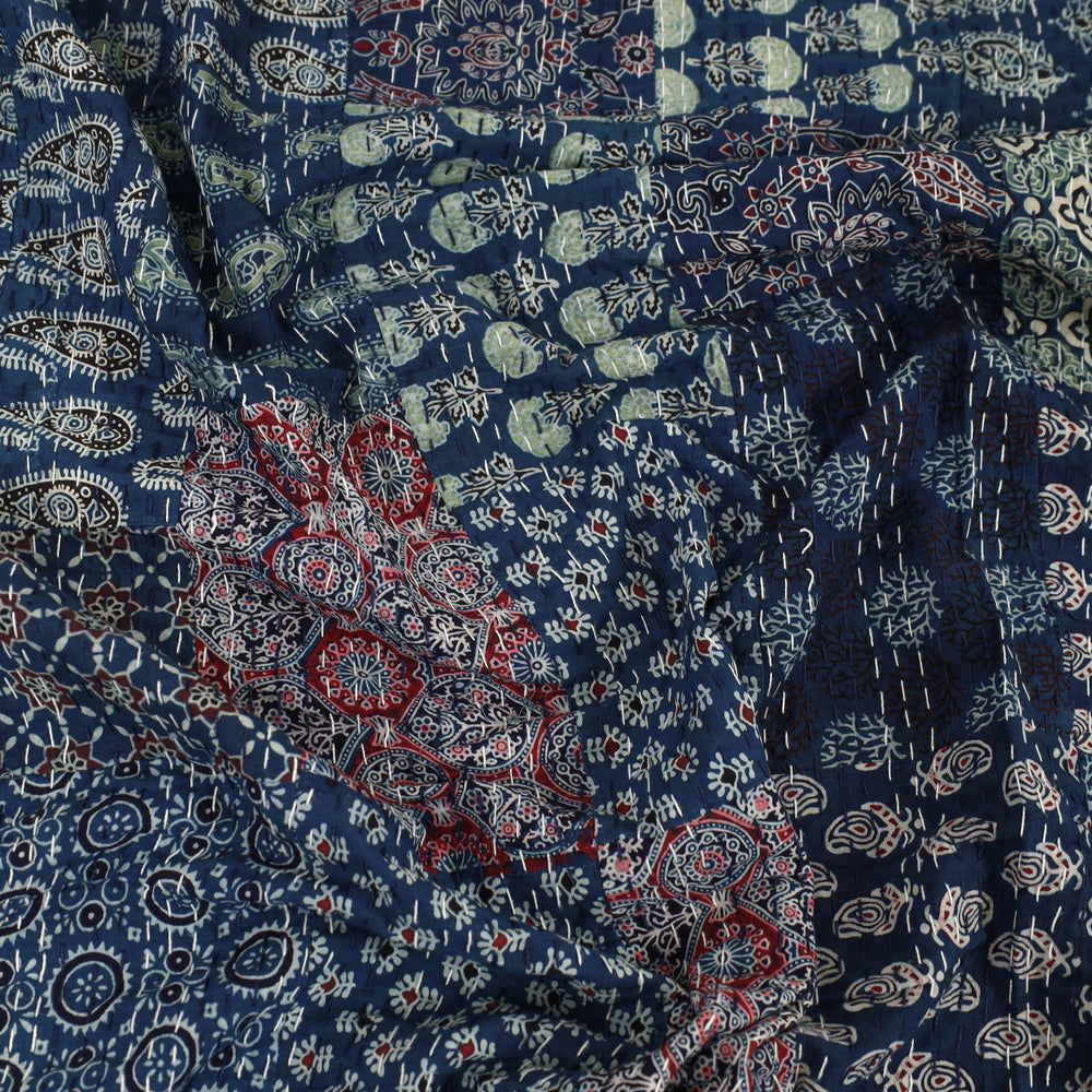 Blue - Ajrakh Print Patchwork Double Tagai Kantha Bed Cover 56