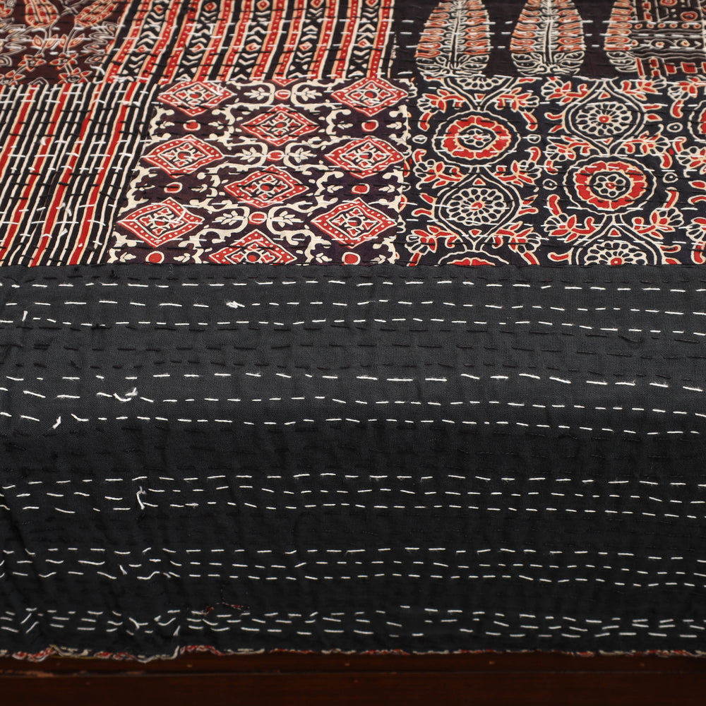 Black - Ajrakh Print Patchwork Double Tagai Kantha Bed Cover 55