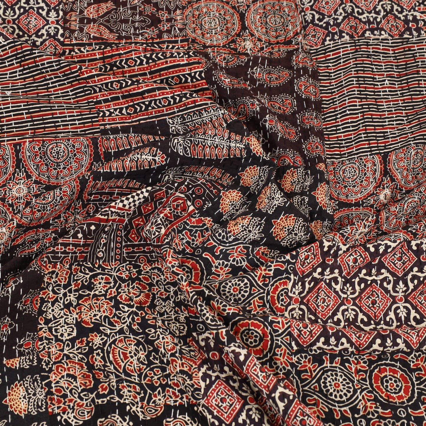 Black - Ajrakh Print Patchwork Double Tagai Kantha Bed Cover 55