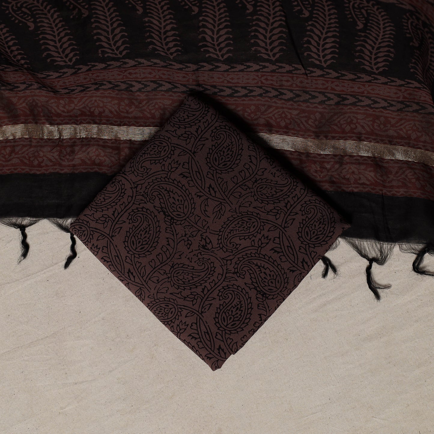 Bagh Hand Block Print Natural Dyed Chanderi Silk 3pc Unstitched Dress Material Suit Set 70