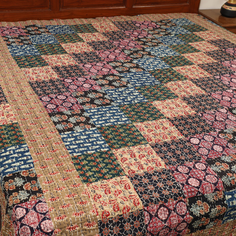 Multicolor - Ajrakh Print Patchwork Double Tagai Kantha Bed Cover 57