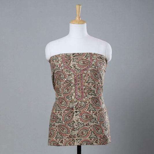 Beige - Bead Work Embroidery Kalamkari Block Printed Cotton Kurti Material - 2.5 meter
