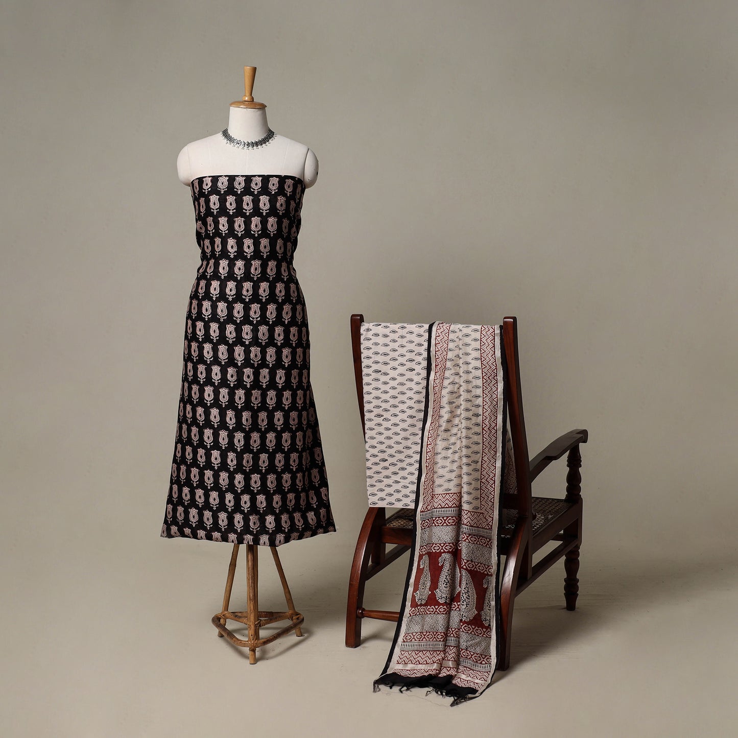 Bagh Hand Block Print Natural Dyed Chanderi Silk 3pc Unstitched Dress Material Suit Set 74