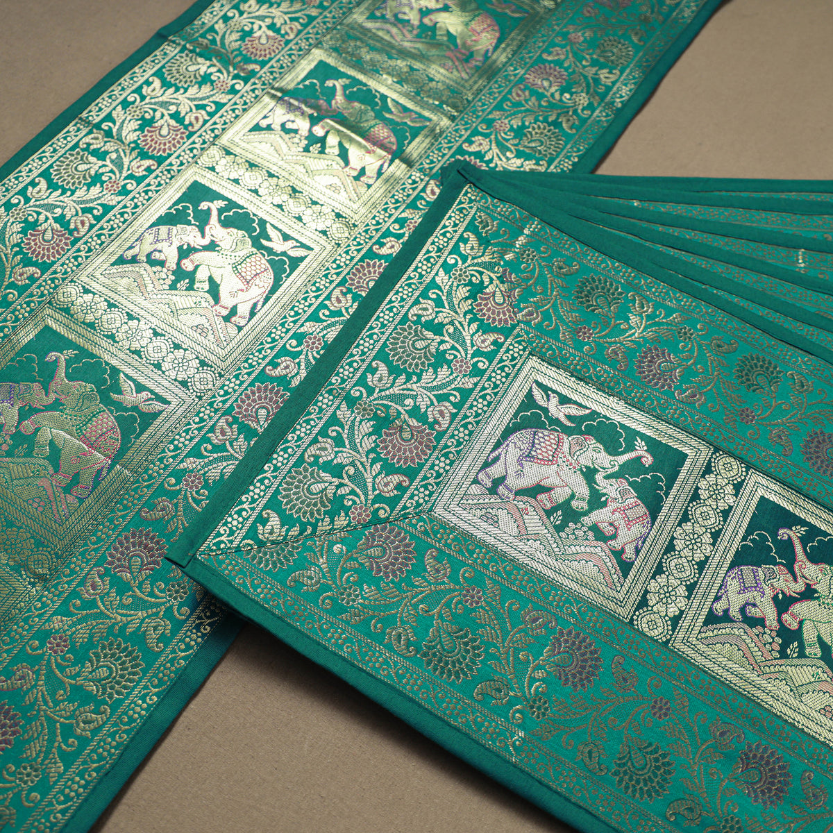 Brocade Banarasi Silk Dining Table Linen with 1 Runner, 6 mats and 6 coasters 13