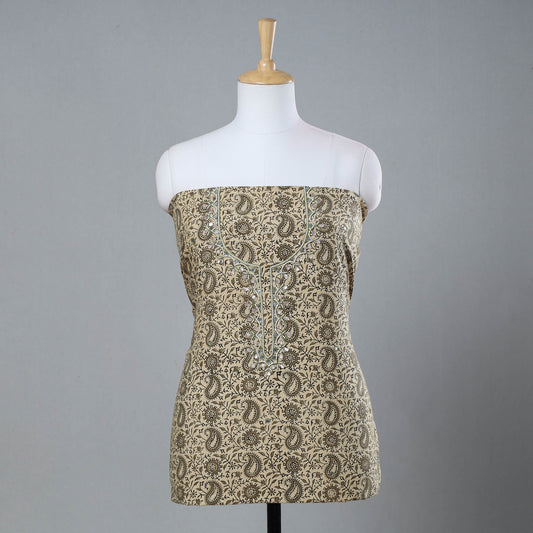 Beige - Bead Work Embroidery Kalamkari Block Printed Cotton Kurta Material - 2.5 meter